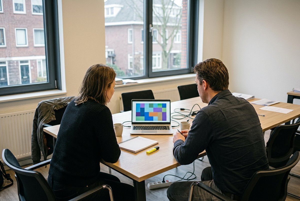 Een coach en een opleidingsmanager kijken aan een vergadertafel samen naar de opzet van een online training op een laptop