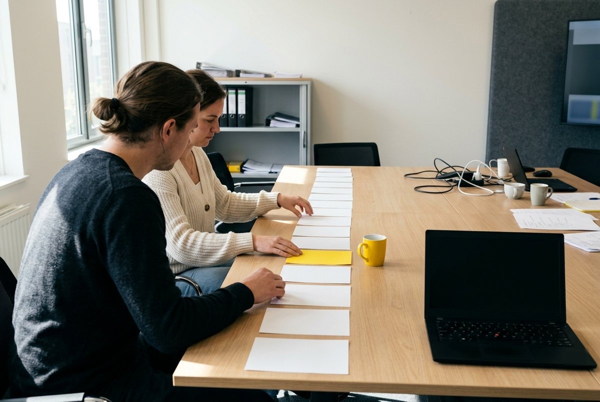 Twee mensen leggen aan een vergadertafel lege kaartjes voor lesonderdelen op volgorde, één kaartje is geel