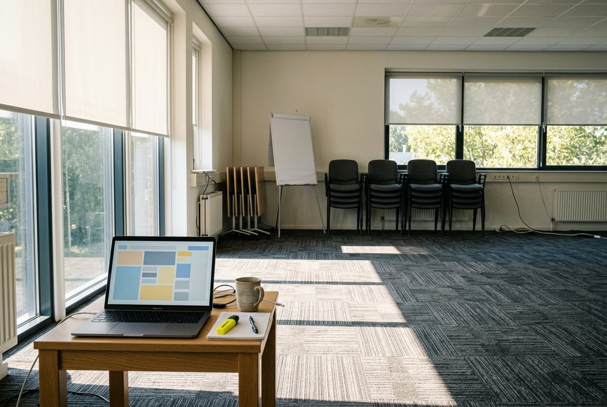 Een lege trainingszaal in de zomer met gestapelde stoelen, terwijl op een laptop in de hoek een online les openstaat