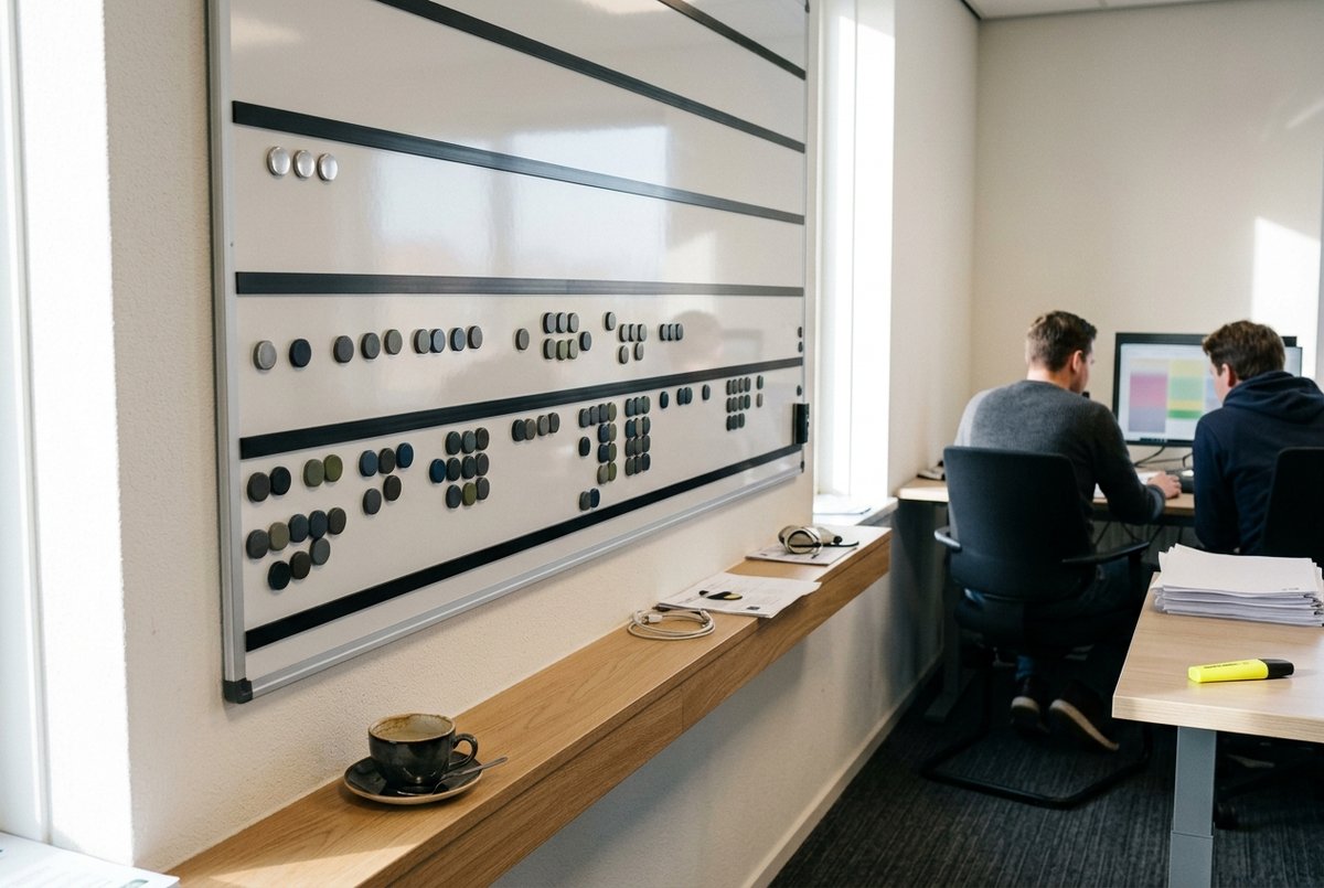 Een magnetisch planbord aan de muur van een kantoor waarop één rij voor een open training bijna leeg is