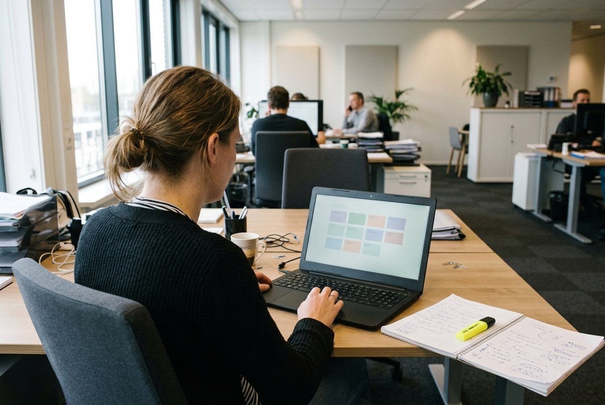 Een oud-cursist zoekt op haar werkplek in een online academy een les terug, met een aantekeningenschrift van de training naast het toetsenbord