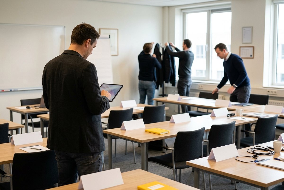 Een trainer leest op een tablet ingestuurde voorbereidingsopdrachten terwijl deelnemers de zaal binnenkomen