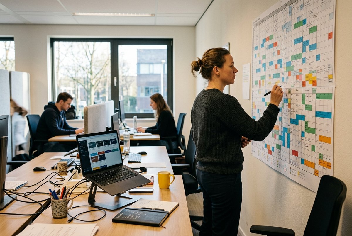 Een opleidingsmanager werkt een jaarplanner vol trainingsdagen aan de muur bij, met op het bureau ernaast een laptop met een overzicht van online modules